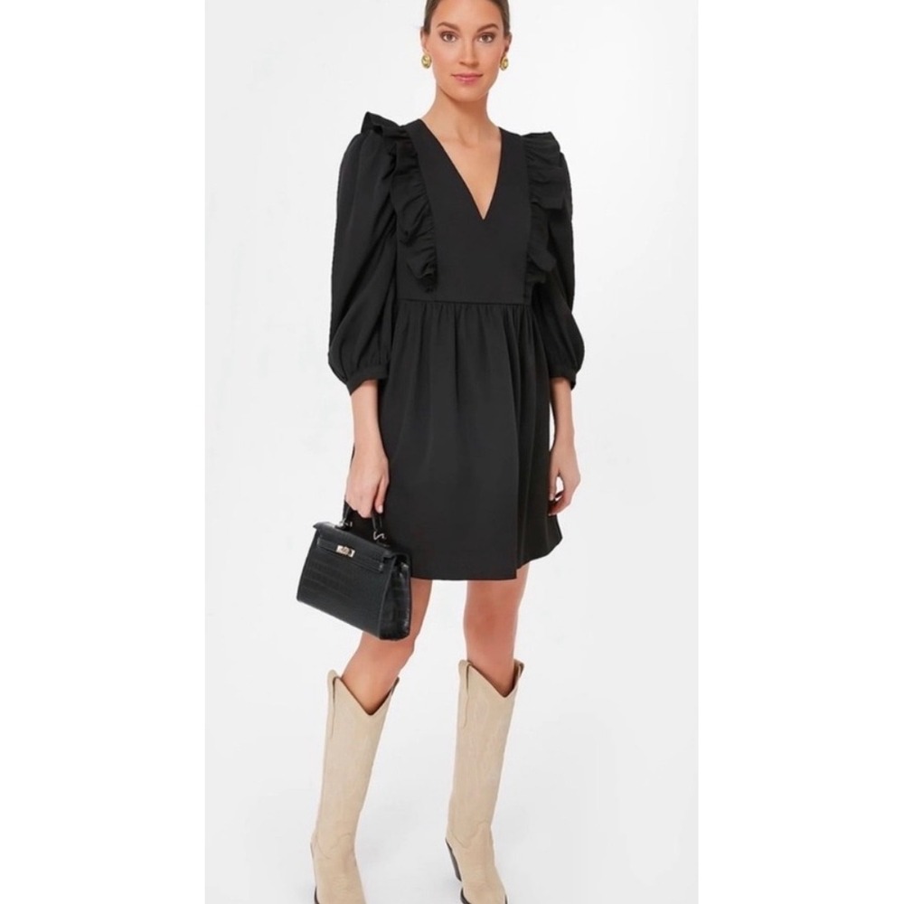 Pomander Place Black Ruffle V-Neck Puff Sleeve Mini Dress Size M